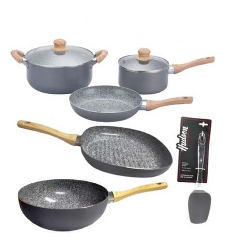 Set Olla Sarten Wok Bífera Hudson Granito Antiadherente 7pz