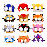 Pack 12 Mascaras Cumpleaños Sonic 2 Tela Fieltro Decoración