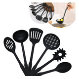 Kit 6 Utensílios De Cozinha Escumadeira Concha Colher Preto