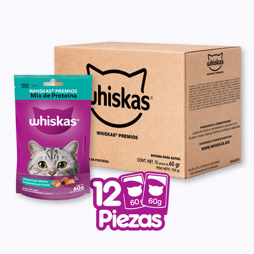 Pack X12 Premios Para Gato Whiskas Mix De Proteinas 60gr C/u