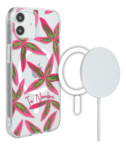 Funda Para iPhone Magsafe Hojas Flores Para Mujer Tu Nombre