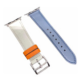 Correa 100% Cuero Azul Blanca Para Apple Watch De 42-44-45mm
