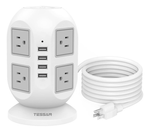 Tessan Regleta Protectora Contra Sobretensiones Torre 10 Pies Cable Extensión Plano Largo Múltiples Tomas 8 Salidas De Ca Con 4 Puertos Usb (1 Usb C) Estación De Carga Protección Hogar Oficina