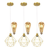 3 Pendente Aramado Diamante Fio Cristal + 3 Lãmpada Led St64 Cor Dourado