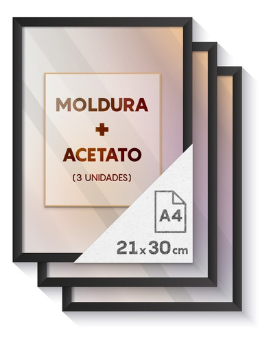 Moldura Quadros A4 Kit C/ 3 Unidade Acetato Para Certificado