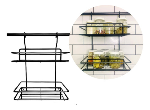 Estante Doble Especiero Colgante Cocina Negro Sin Barral