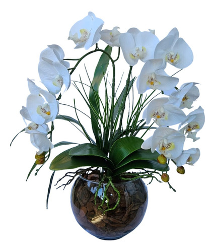 Arranjo Orquídeas Brancas Permanentes Em Vaso De Vidro