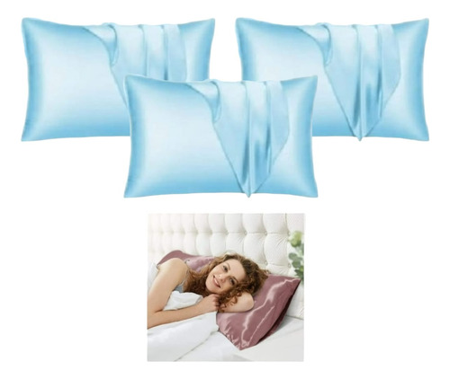 Funda Almohada Satin Tipo Seda Set X3 Unid Azul Claro