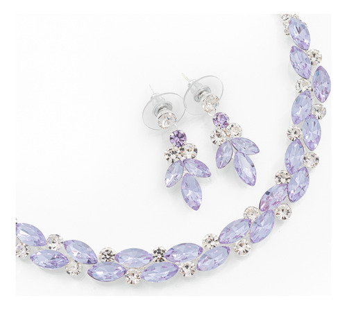 Conjunto Collar Aros Piedras Strass Lila Violeta Fiesta