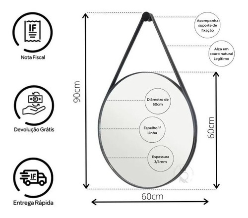 Kit 1 Espelhos Redondo Decorativo Suspenso Alça 60cm+suporte