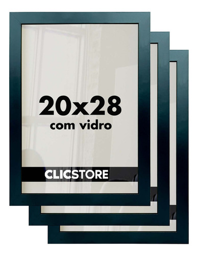 Kit 3 Moldura 20x28 Quadro Vidro Poster Retrato Foto Cursos Cor Preto Liso