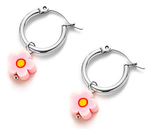 Par Aros Argollita 15mm Flor Sintetica Rosa Suave A Q C:4965