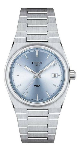 Reloj Tissot Prx 35mm De Acero Plateado Fondo Celeste