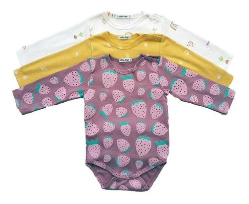 Ropa Bebé Algodón. Set Tres Bodys Estampados De Huertas Niña