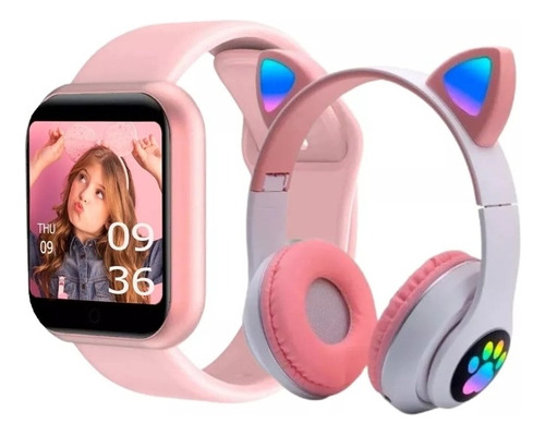 Smartwatch Feminino D20 + Fone Gatinho Meninas Rosa