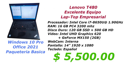 Lenovo T480  Core I7-8650u 16gb Ram 128ssd +500hd