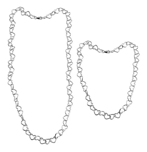 Conjunto Corrente E Pulseira Elos Coração Feminina Prata 925