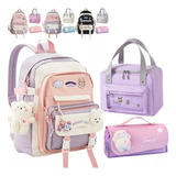 Mochila 3 Piezas Con Pin Kawaii Caja Almuerzo Bolsa Bolígrafo