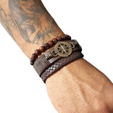 Pulseiras Masculinas De Couro Kit C/3 Bussola Marrom