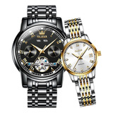 Reloj Mecánico Automático Reloj De Pareja Reloj Esqueleto Color De La Correa Plateado Color Del Bisel Dorado Color Del Fondo Black White Watch