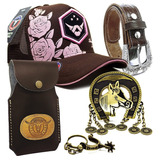 Kit Cinto Country Bone Flor + Fivela Cavalo Capinha Chaveiro