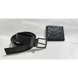 Set Cartera Y Cinturon Coach Cross Grain Negro Doble Vista