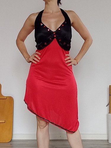 Vestido Crepe Y Lycra-rojo Negro C/piedras Patín Danza Tango