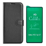 Capa Carteira Couro Flip Para Galaxy M52 5g + Pl 9d Ceramica