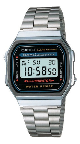 Reloj De Pulsera Casio Youth Vintage A-168 De Cuerpo Color Plateado, Digital, Fondo Gris, Negro Y Azul, Con Correa De Acero Inoxidable Color Plateado, Dial Negro, Minutero/segundero Negro, Bisel Color