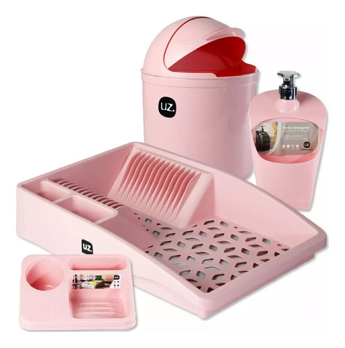 Kit Cozinha Pia 4 Peças Lixeira Escorredor Dispenser Rosa Uz