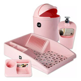 Kit Cozinha Pia 4 Peças Lixeira Escorredor Dispenser Rosa Uz