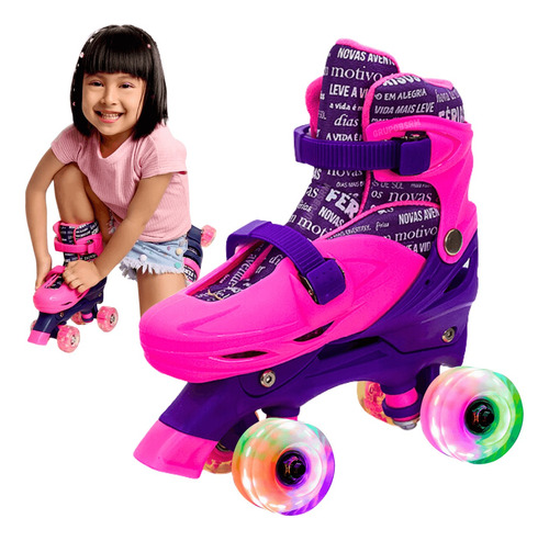 Patins Infantil 4 Rodas Com Led Quad Presente Menina 5 Anos