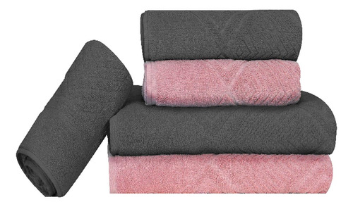 Kit De Toalha Banho Rosto Tapete 5 Pçs Gris/rosa Max Sonhare