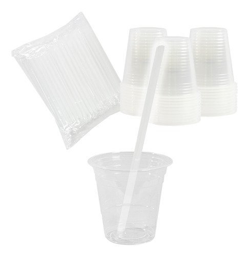 100 Vasos Desechables + Popotes De Plastico 95 - 375 Ml 