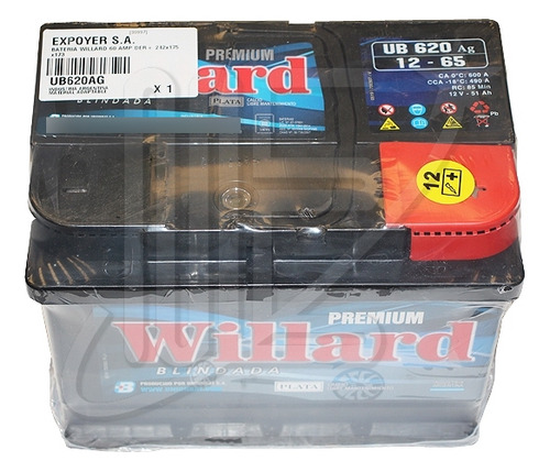 Bateria Willard 12 Volts 65 Amper + Derecha 242 X 175 X 173