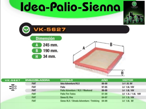Filtro De Aire Vk5627 Fiat Idea - Palio - Sienna Foto 2