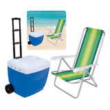 Cooler 42 L Rodas E Alça Azul + Cadeira Reclinável Praia