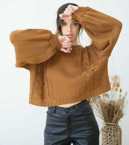 Sweater Corto De Lana Mujer Con Mangas Globos Moda Tendencia