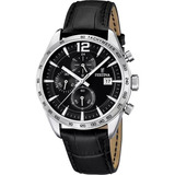 Reloj De Pulsera Festina Timeless Chronograph F16760 De Cuerpo Color Plata, Analógico, Para Hombre, Fondo Negro, Con Correa De Cuero Color Negro, Agujas Color Plata Y Blanco, Dial Plata Y Blanco, Sube