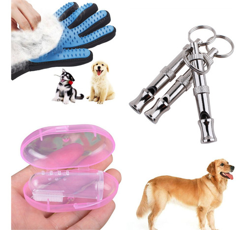 Kit Para El Cuidado De Mascotas  De Guante, Cepillo Silbato