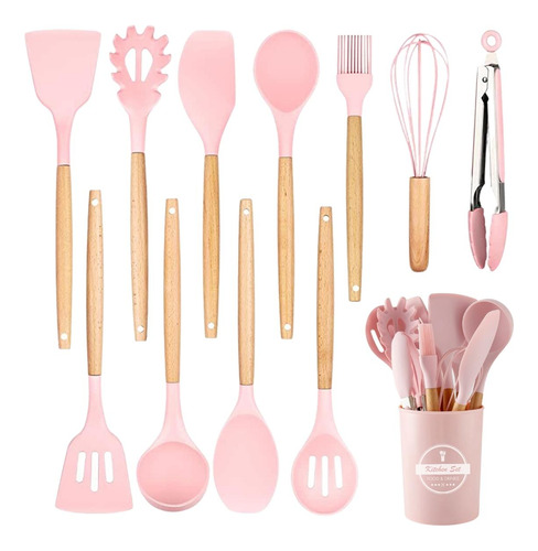 Kit Utensilios Cozinha Silicone Colher Copo Suporte 12 Peças