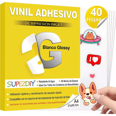40 Vinil Para Impresión Inkjet Adhesivo Blanco Glossy A4 Supezdiy | MercadoLibre