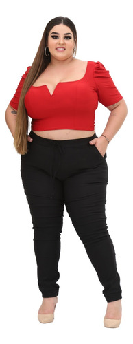 Calça Feminina Plus Size Jogger Bengaline Cintura Alta Preto