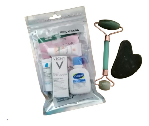 Kit Mini Skincare Piel Grasa Mas Rodillo Y Gua Sha Jade