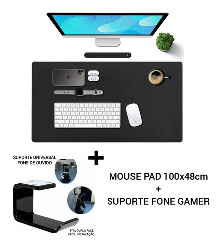 Suporte Fone Ouvido Acrílico + Mousepad 100x48cm Couro Eco