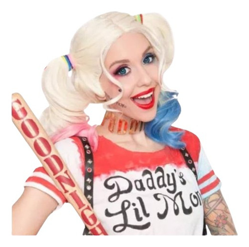 Peluca Harley Quinn Niña Cotillon Disfraz Fiesta Bicolor
