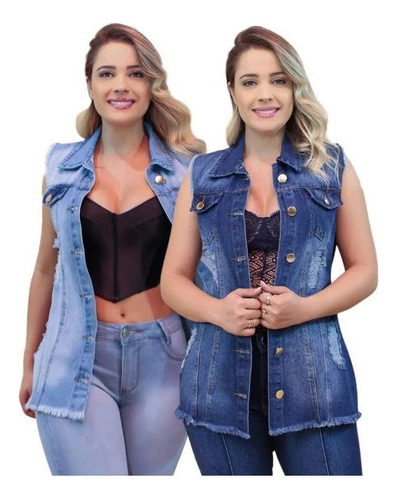 Kit 2 Colete Jeans Feminino Longo Destroyed Super Estiloso