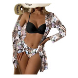 Conjunto De Pareo De Playa Kimono Femenino + Bikini Floral