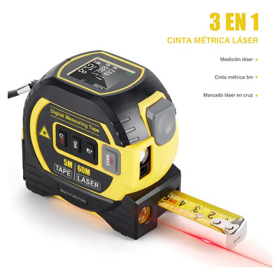 Cinta Métrica Láser 3 en 1 Medición 60m y 5m con Pantalla LED y Línea Cruzada | Envío gratis