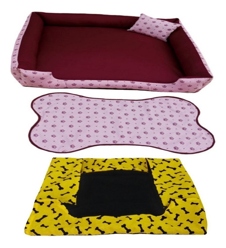 Cama Para Cachorro Grande Gg 95x95 Cm + Tapete E Capa Extra Cor Cama Vinho E Capa Amarela